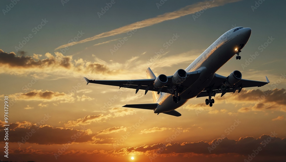 Passenger plane taking off at sunset or dawn Passenger plane taking off at sunset or dawn