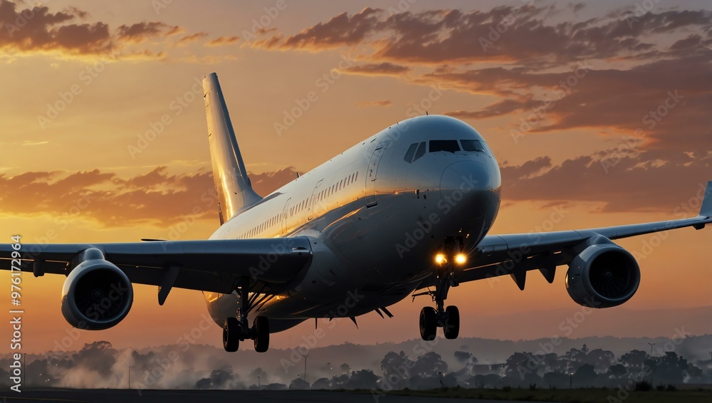 Passenger plane taking off at sunset or dawn Passenger plane taking off at sunset or dawn