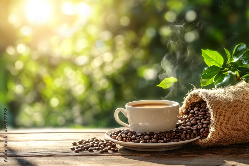 Elegant coffee setup steaming espresso in white mug with coffee beans on rustic wooden table Elegant coffee setup steaming espresso in white mug with coffee beans on rustic wooden table