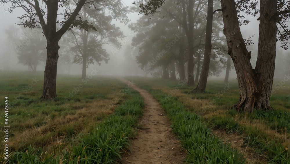 Path disappearing into a foggy meadow. Path disappearing into a foggy meadow.