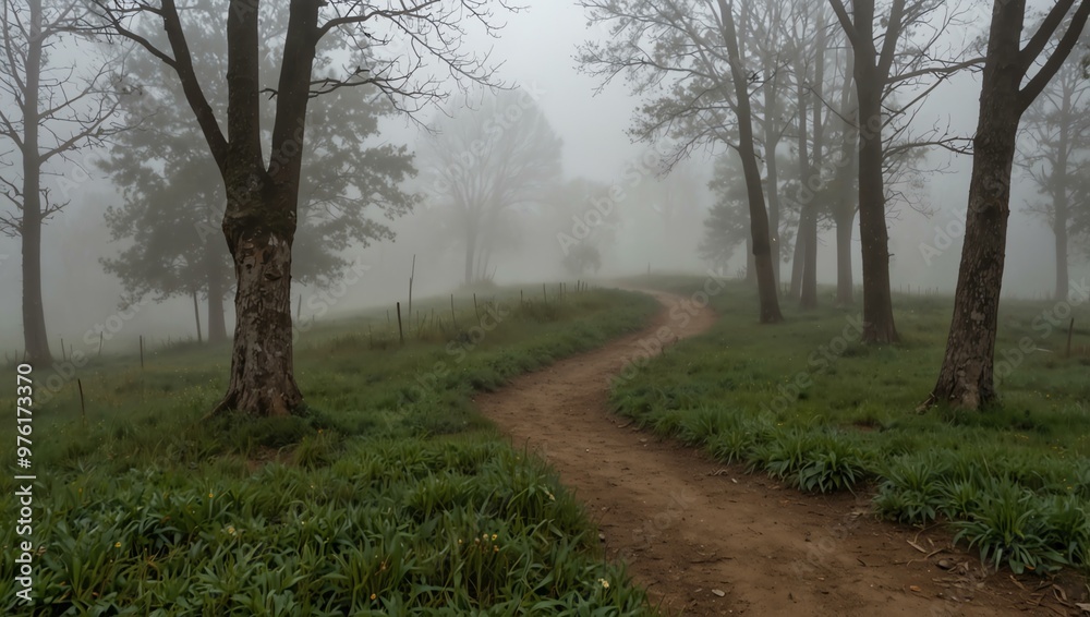 Path disappearing into a foggy meadow. Path disappearing into a foggy meadow.
