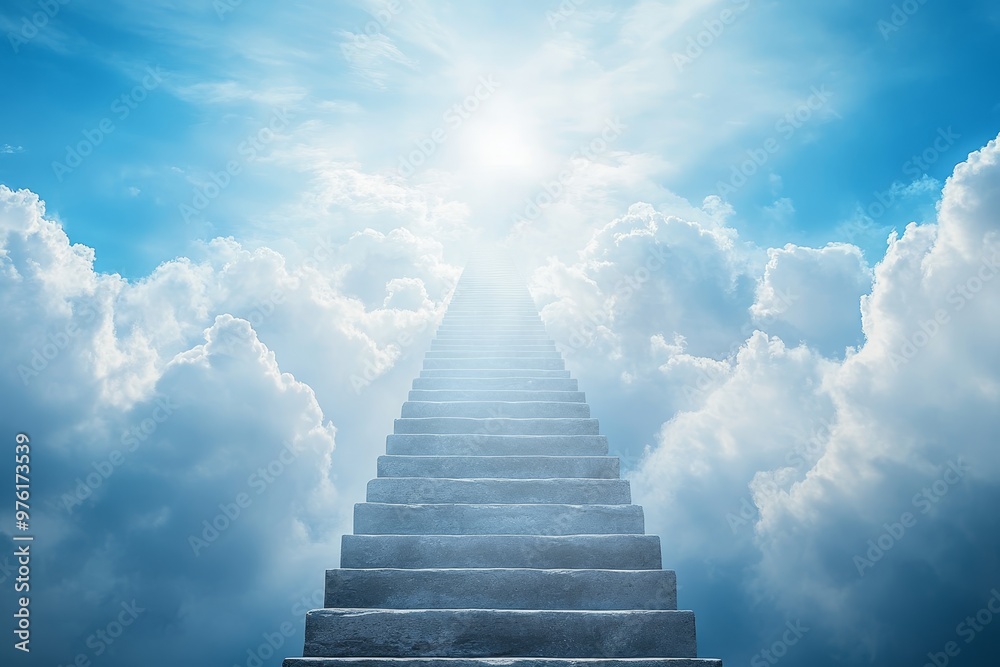 Stairway to hope ascending through clouds with sunlight in a blue heavenly background Stairway to hope ascending through clouds with sunlight in a blue heavenly background