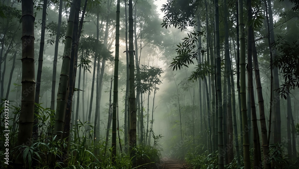 Peaceful bamboo forest with morning mist. Peaceful bamboo forest with morning mist.