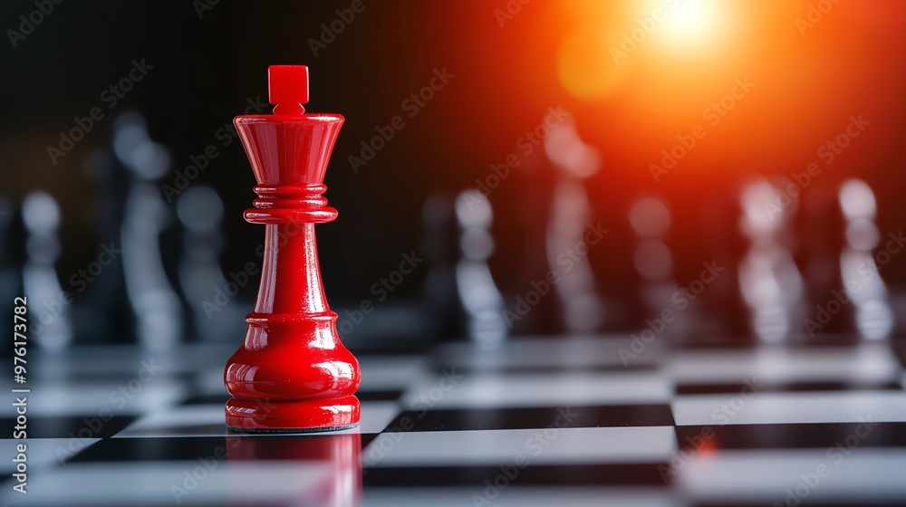 A 3D striking red king chess piece stands out against a dark background, symbolizing strategy and competition in the game of chess. A 3D striking red king chess piece stands out against a dark background, symbolizing strategy and competition in the game of chess.