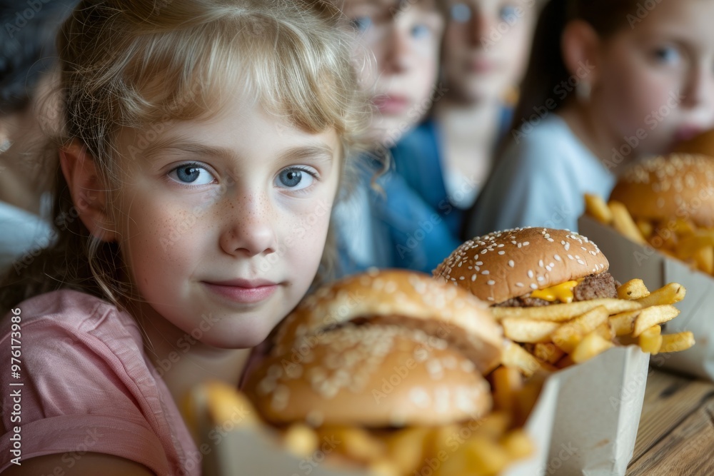 Children eat hamburgers and fries