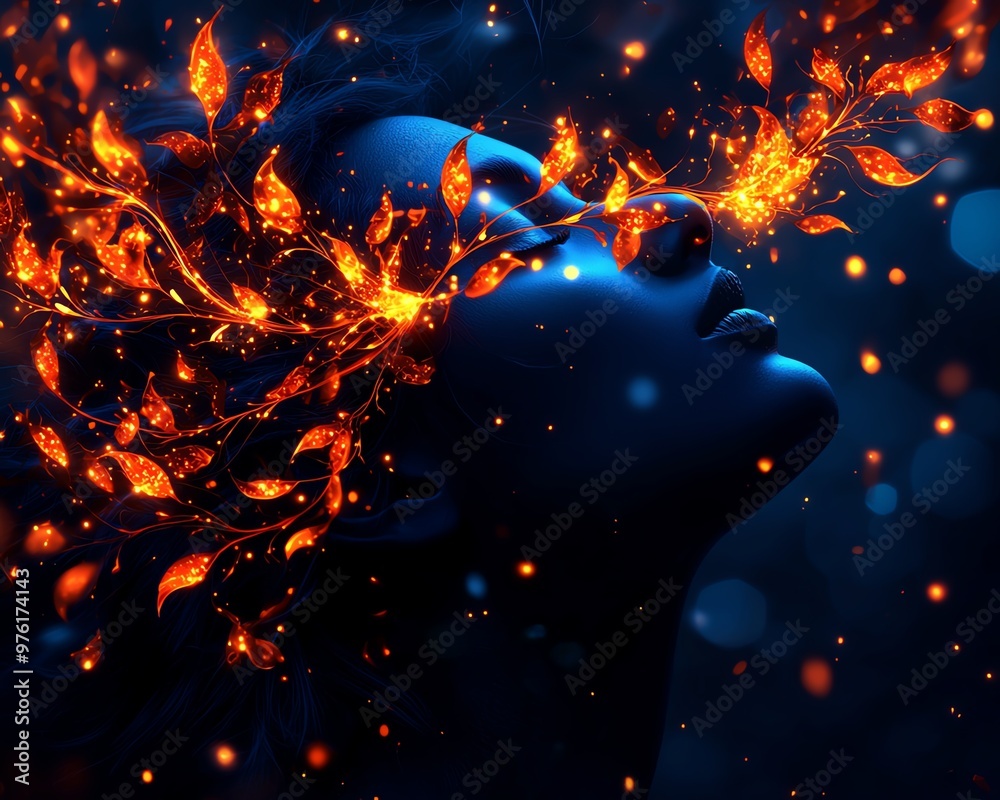 A surreal portrait of a woman with glowing leaves and sparkles, merging nature and beauty in an enchanting night setting. A surreal portrait of a woman with glowing leaves and sparkles, merging nature and beauty in an enchanting night setting.