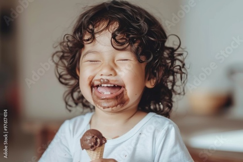 Innocent smiles and curly hair baby's joy is contagious. Curly-haired girl full of happiness exudes vibrant energy. Portrayal of carefree innocence fleeting moment of bliss.