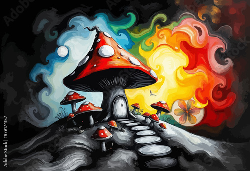 Mushroom Cottage Fantasy. A vibrant illustration of a whimsical mushroom house, ideal for storybook themes and enchanting designs. vibrant swirling colors dark color brush texture digital painting photo