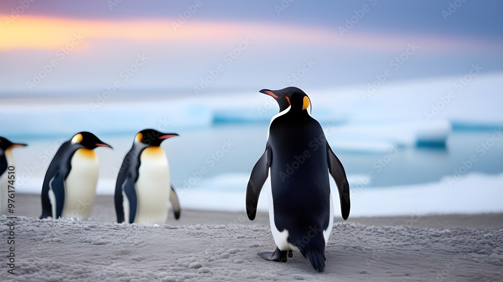 Obraz premium A flock of penguins swims along the shore