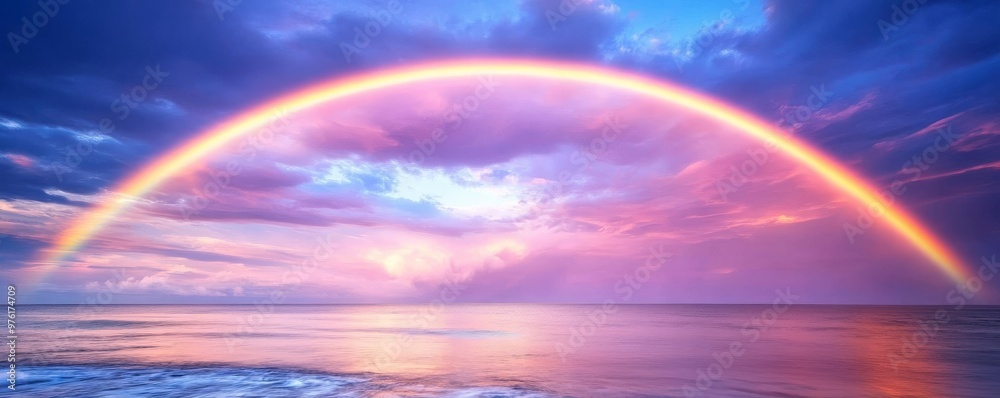 Huge rainbow covering tropical ocean at sunset Huge rainbow covering tropical ocean at sunset