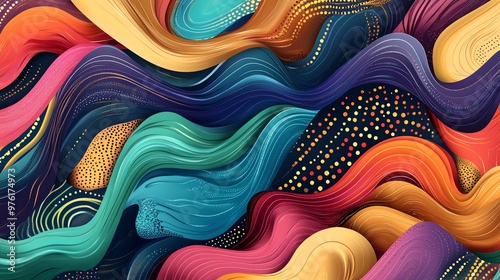 Abstract colorful background with wavy lines and dotted patterns.