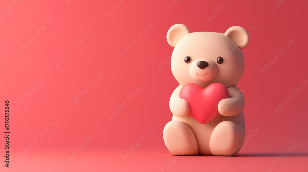 Obraz premium A cute teddy bear holds a red heart on a pink background.