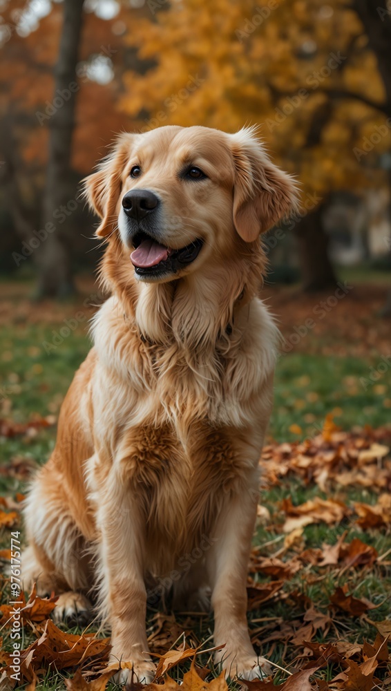 Picture of a golden retriever in an autumn setting. Picture of a golden retriever in an autumn setting.