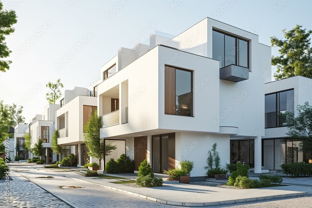 Modern modular private white townhouses. Minimalist residential architecture exterior, Modern modular private white townhouses. Minimalist residential architecture exterior,