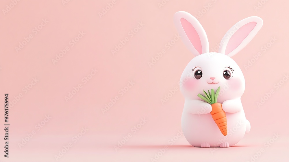 Cute white bunny holding a carrot against a pink background. Cute white bunny holding a carrot against a pink background.
