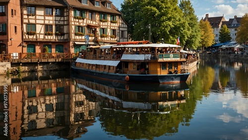 Picturesque Fisherman Wharf with reflections in Strasbourg.