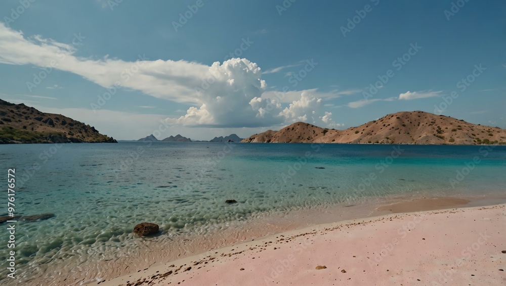 Pink beach and blue ocean at Komodo Islands. Pink beach and blue ocean at Komodo Islands.