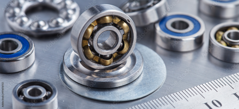 different bearings on a metal background. Part of mechanism. different bearings on a metal background. Part of mechanism.