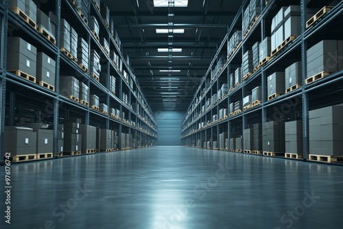 Wide angle view of a modern warehouse with high shelves and glossy floors reflecting vitality