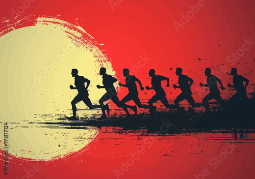 Silhouette Businesspersons Racing Towards Goal with Red Abstract Background, Concept of Competitive Corporate Ambition and Success