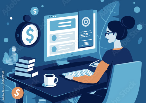 Woman managing online financial services and investments on computer at desk, with loan agreement and payment icons, modern business illustration in blue tones