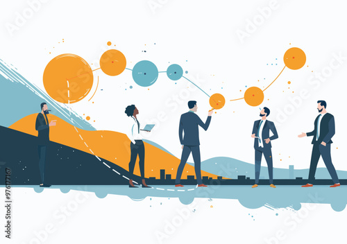 Business Team Drawing Strategy Path to Achieve Goals Concept, Vector Art of Corporate Planning with Businesspeople Discussing Targets, Creative Vision and Success