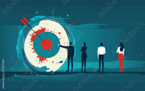 Team Brainstorming and Strategic Planning to Achieve Business Targets with a Bullseye Concept, Minimalistic Vector Illustration