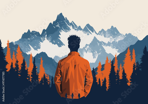 Visionary Leader Motivating Team with Inspirational Mountain View Background in Minimalistic Vector Illustration