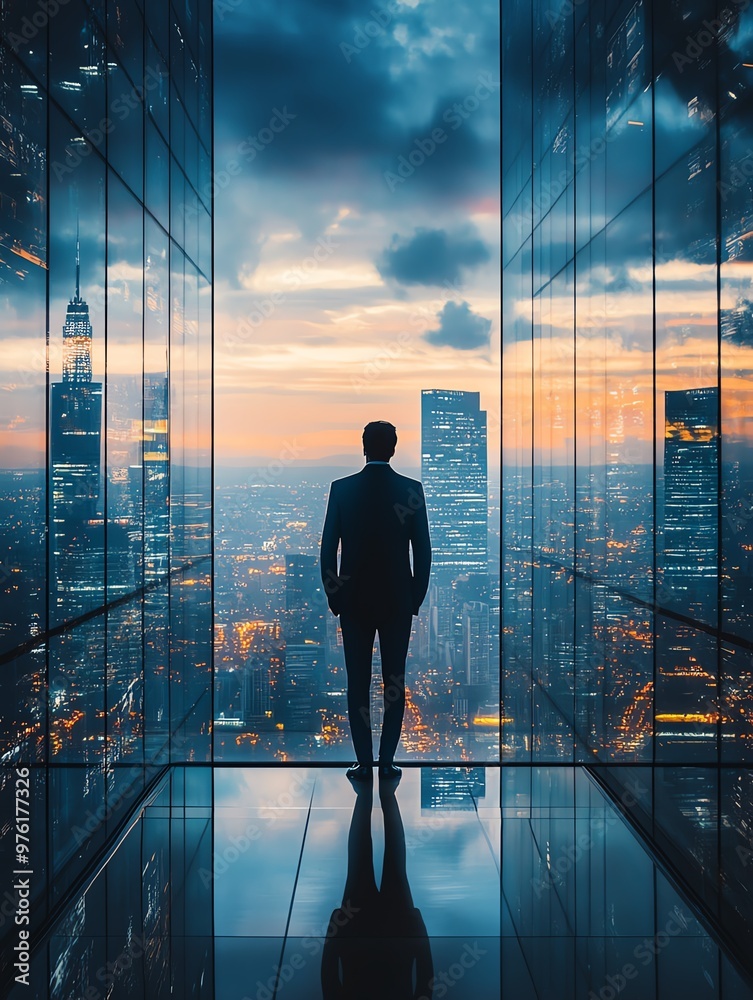 A businessperson stands in a modern office, gazing at a breathtaking city skyline during sunset, reflecting ambition and success. A businessperson stands in a modern office, gazing at a breathtaking city skyline during sunset, reflecting ambition and success.