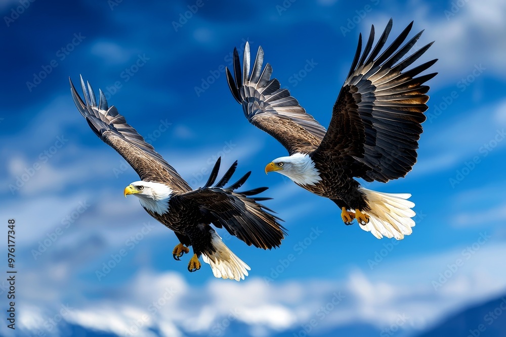 Naklejka premium A pair of eagles circling each other in the sky, watercolor tones representing the freedom of companionship in the wild.