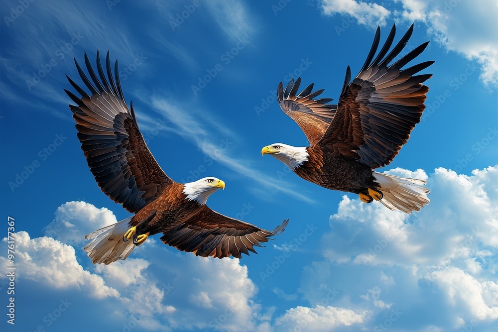 Obraz premium A pair of eagles circling each other in the sky, watercolor tones representing the freedom of companionship in the wild.