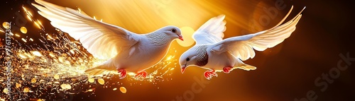 A pair of doves flying in unison against a golden sky, watercolor tones symbolizing peace and harmonious freedom.