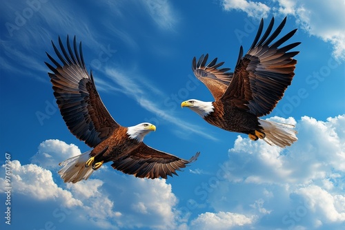 A pair of eagles circling each other in the sky, watercolor tones representing the freedom of companionship in the wild.