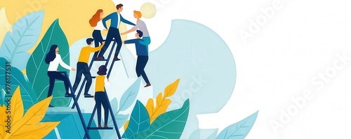 A business team climbing a ladder together to reach a higher platform, symbolizing collective growth and success