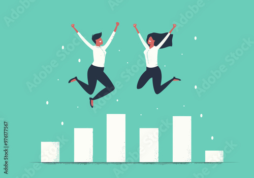 Businessman and Businesswoman Jumping Over Rising Obstacles Representing Challenges and Success in a Minimalistic Vector Illustration