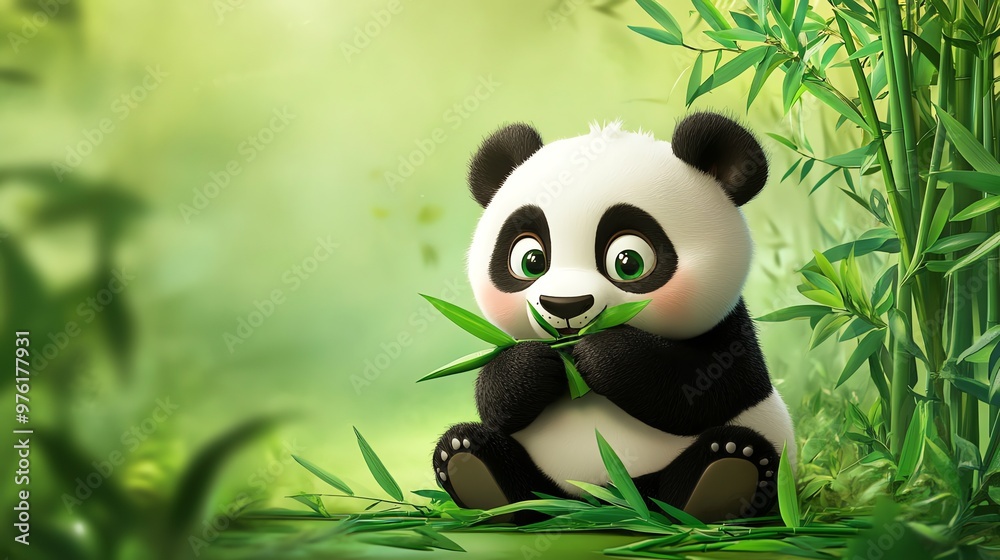 A cute panda cub sits in a lush bamboo forest, enjoying a tasty meal of bamboo shoots.