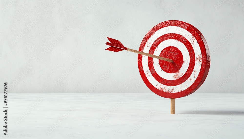 A 3D vibrant target board featuring a dart embedded in the center, symbolizing precision, focus, and achieving goals. A 3D vibrant target board featuring a dart embedded in the center, symbolizing precision, focus, and achieving goals.