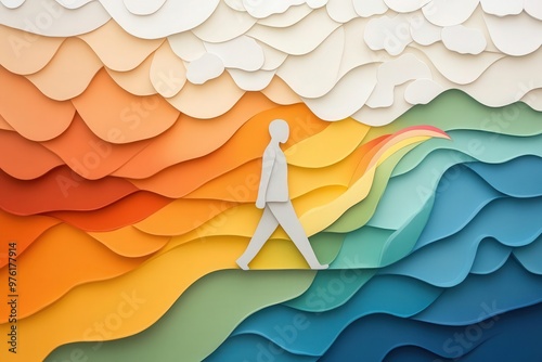 Abstract figure walking through a storm of emotions, with a rainbow emerging in the distance, Weathering emotions, emotional resilience