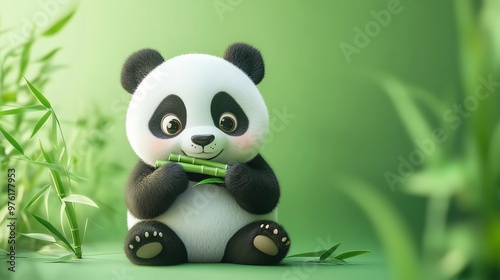 A cute panda bear sits in a bamboo forest and eats bamboo.
