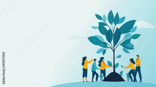 An illustration of a business team working together to plant and grow a tree, symbolizing longterm organizational growth