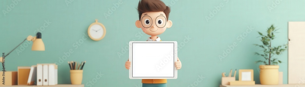 A 3D cartoon character holding a blank tablet screen for app or website mockup, standing in a cute office environment