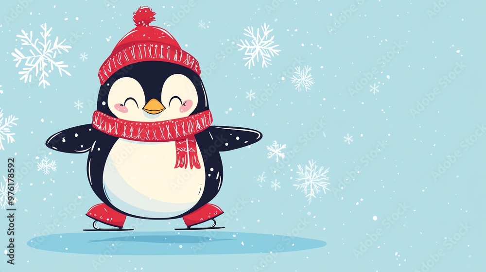 Obraz premium A cute cartoon penguin ice skating in a winter wonderland.