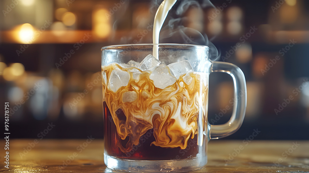 clear glass mug filled with cold brew coffee and ice, with milk being slowly poured