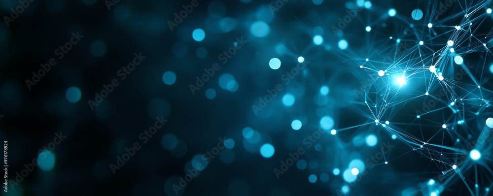 Abstract digital background with glowing blue particles and interconnected lines, representing technology and innovation in data flow. Abstract digital background with glowing blue particles and interconnected lines, representing technology and innovation in data flow.