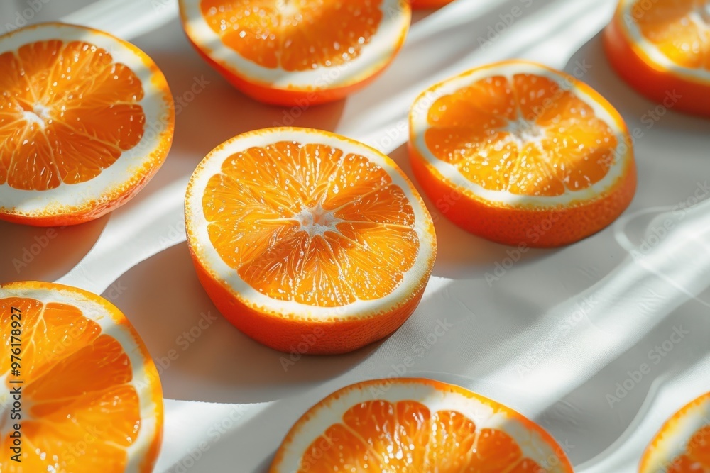 A close up of several orange slices on a white background A close up of several orange slices on a white background