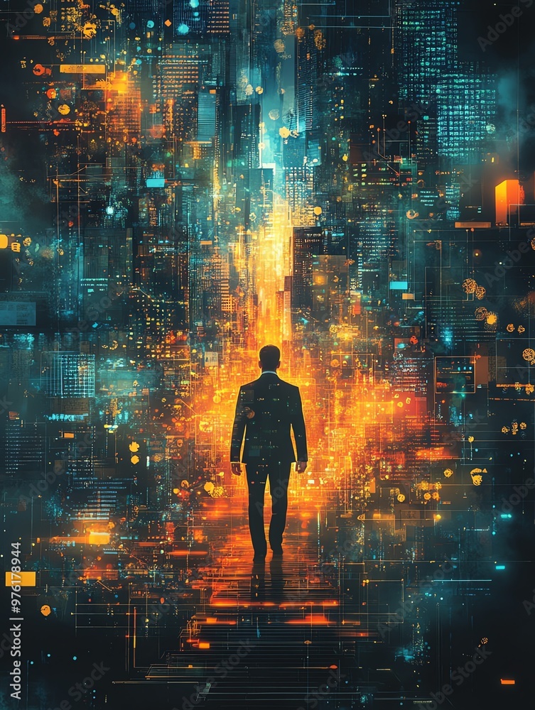 A figure emerges from a vibrant digital landscape, symbolizing innovation and technology in a futuristic city setting.
