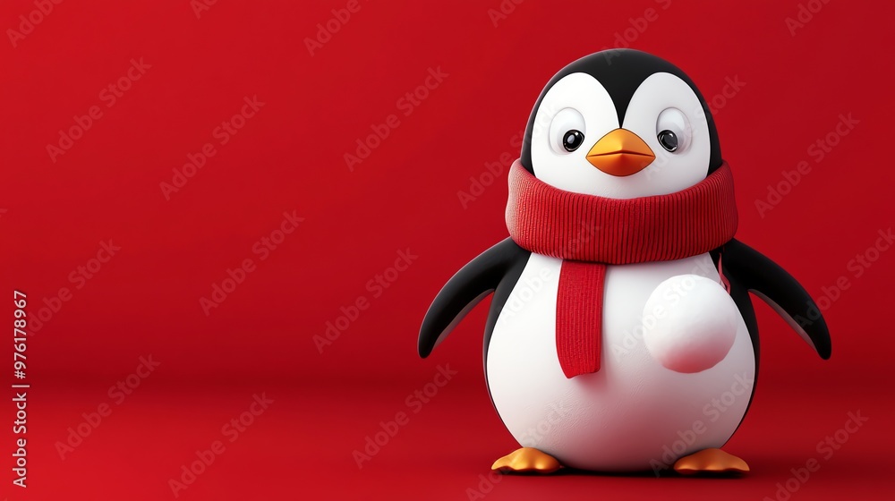 Obraz premium Cute penguin wearing a red scarf holds a snowball against a red background.
