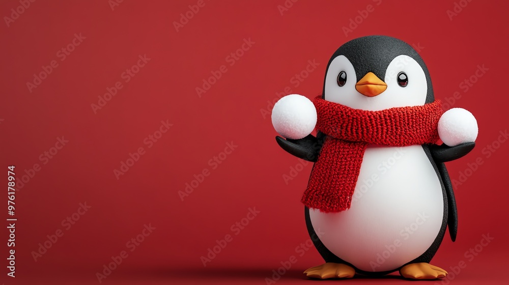 Obraz premium Cartoon penguin with a red scarf holding snowballs in front of a red background.