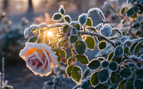 Generative-AI, Close-Up of Frosted Rose with Intricate Frost Details on Petals and Leaves photo