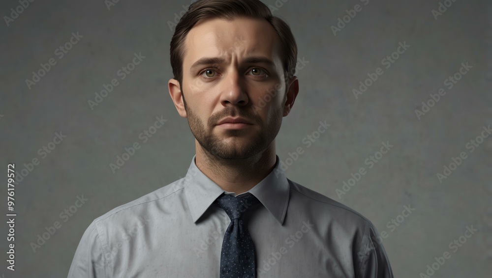 Portrait of a 3D character of an anxious Caucasian man in a shirt and tie with a light gray gradient background. Portrait of a 3D character of an anxious Caucasian man in a shirt and tie with a light gray gradient background.